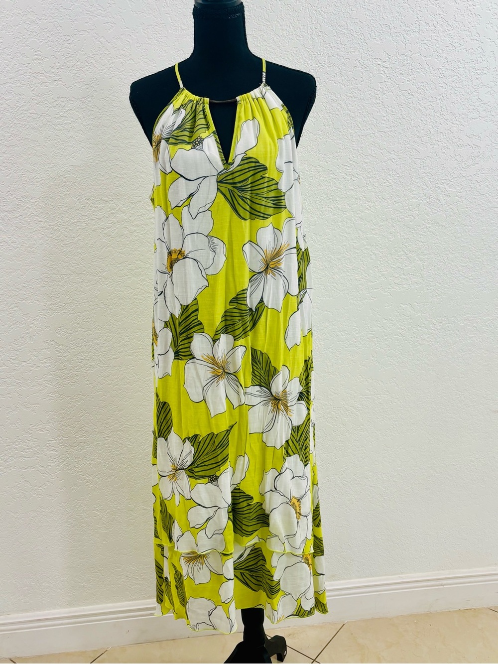 Mlle Gabrielle Lime Green and White Floral Halter Maxi Dress